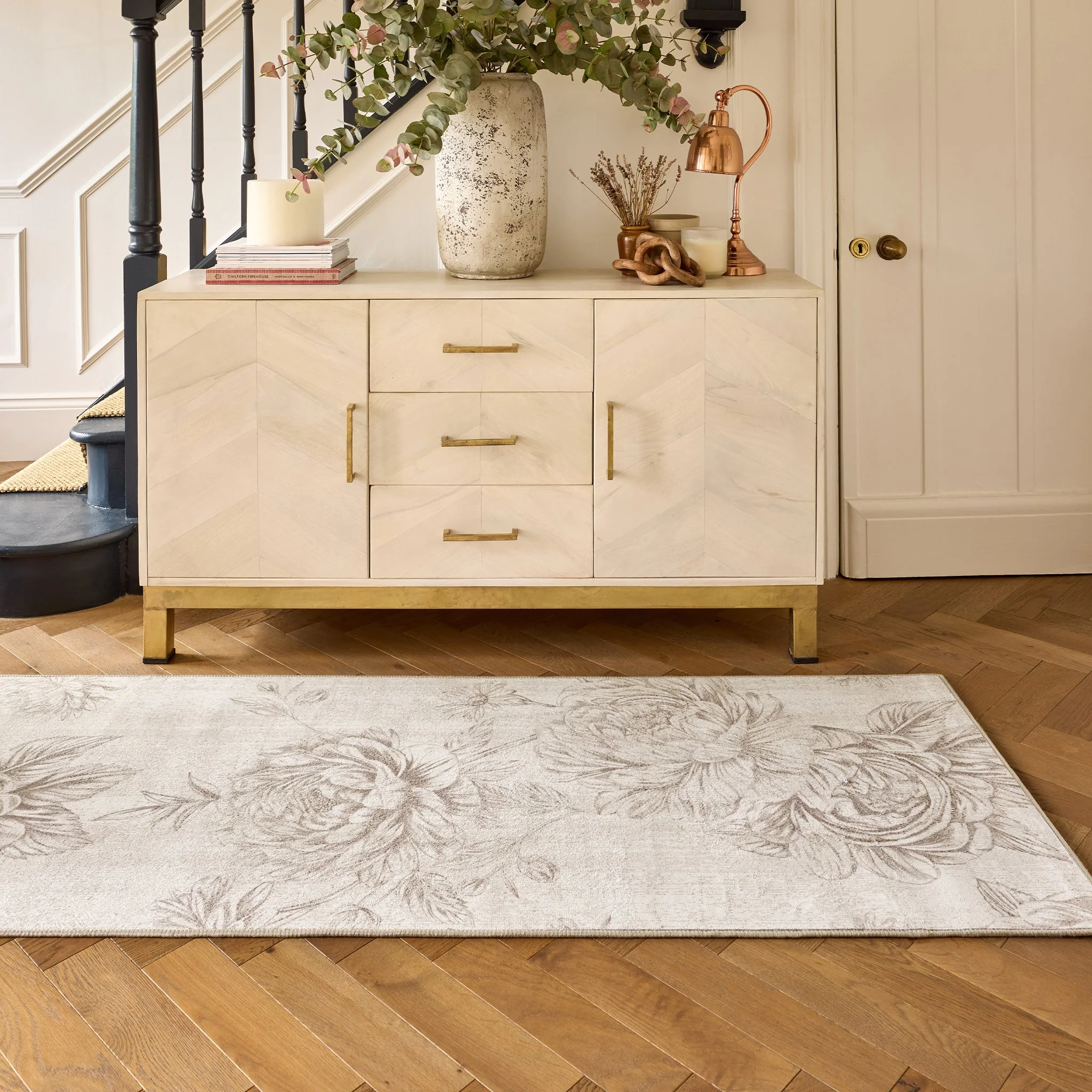 Muted Floral Beige Eco-Washable Runner - Image 2