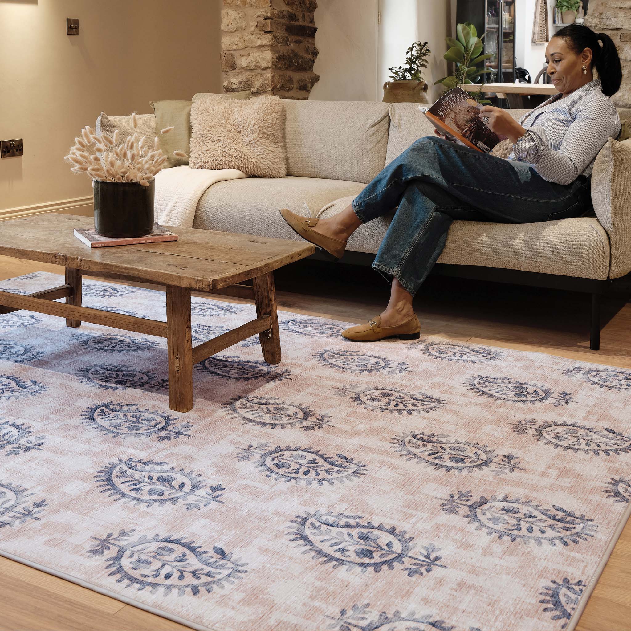 Woodblock Paisley Blue Eco-Washable Rug - Image 2